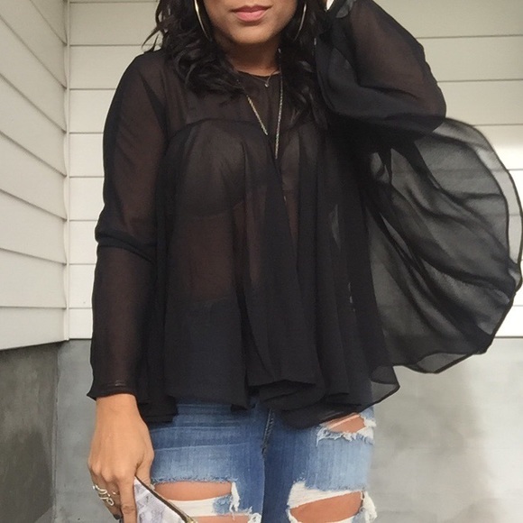 Black Round Neck Sheer ruffle Lightweight Top. - Picture 2 of 3